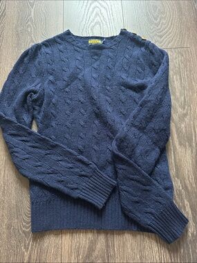 Ralph Lauren Navy Cable-Knit Crewneck Sweater with Shoulder Buttons